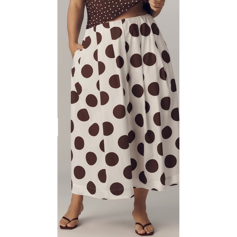 Maeve Anthropologie Cotton Poplin Brown White Polka Dot Midi Skirt Pockets 1X - Picture 2 of 10